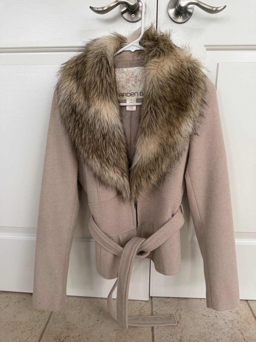 Arden B Taupe Trench Coat with Faux Fur Shawl Collar
